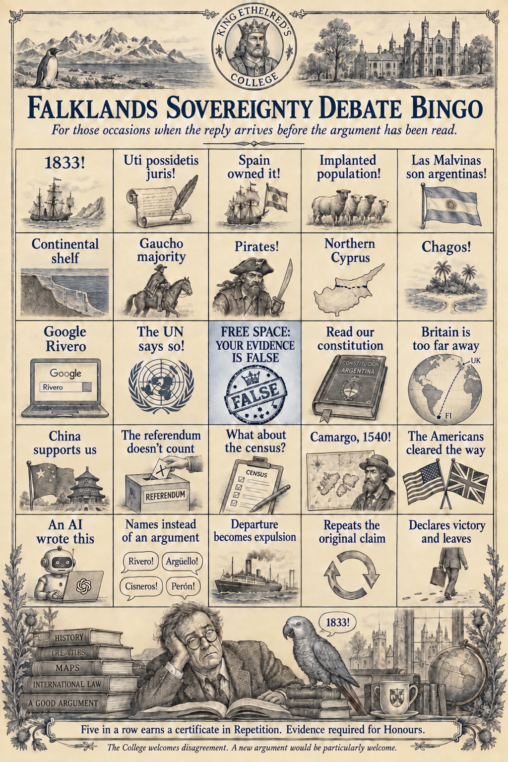Falklands Sovereignty Debate Bingo card: twenty-five squares of familiar arguments, from 1833 to Declares victory and leaves