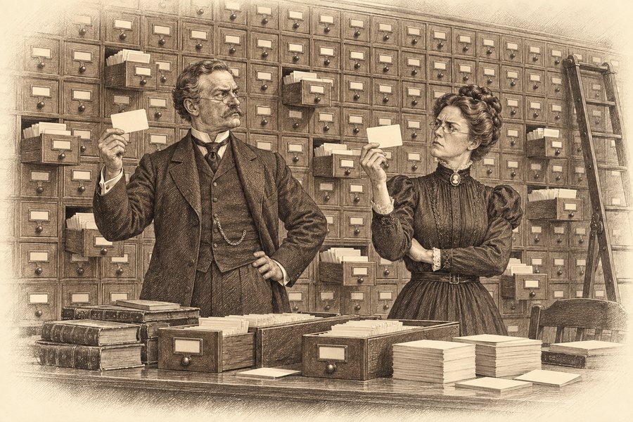 A Fellow and Miss Catchpole at the card catalogue, each holding up a card, the two cards plainly disagreeing