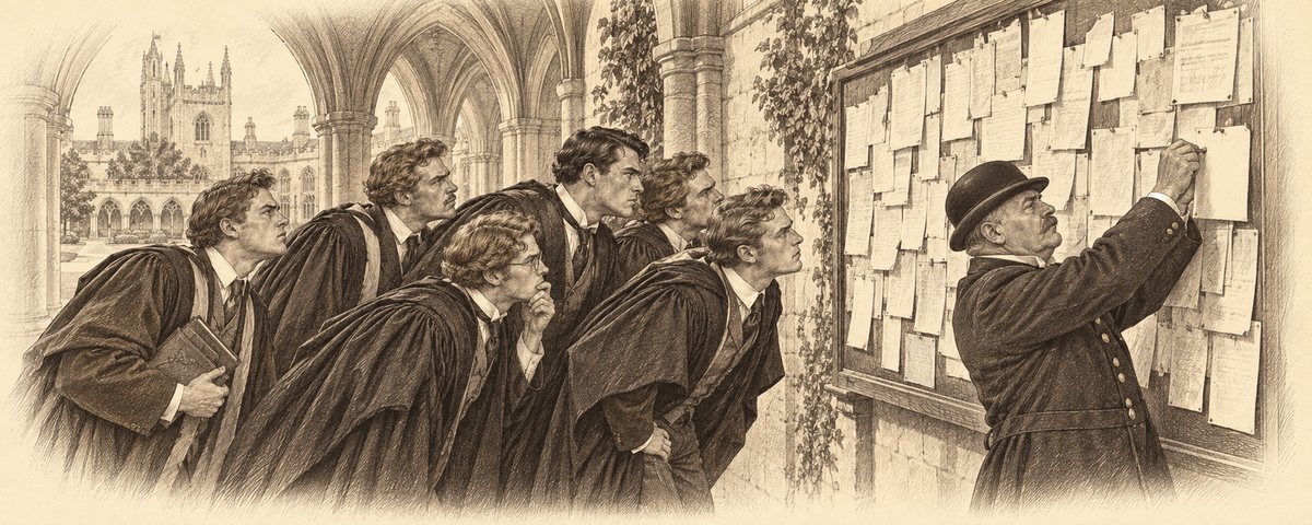 Gowned students craning to read a cloister noticeboard thick with overlapping notices, while a porter pins another on top