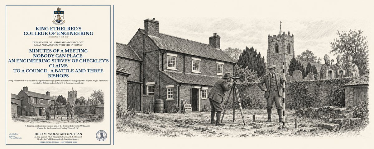 Cover and illustration of the paper: Minutes of a Meeting Nobody Can Place: An Engineering Survey of Checkley’s Claims to a Council, a Battle and Three Bishops