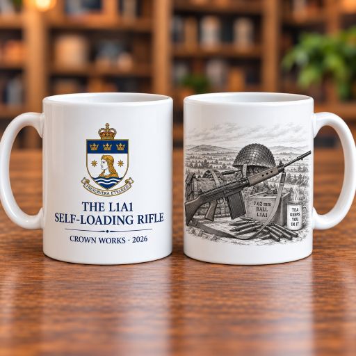 King Ethelred’s L1A1 SLR commemorative mug showing crest side and pencil illustration side